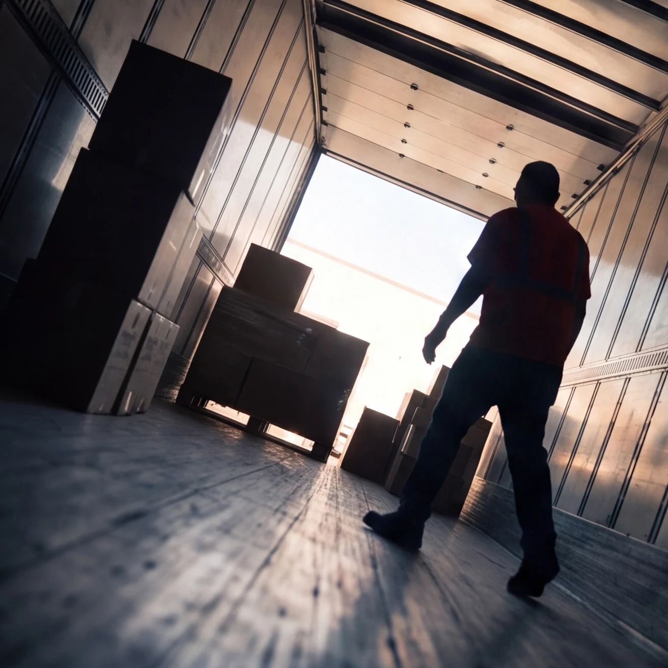 Silhouette of a warehouse worker walking through a trailer stacked with boxes during unloading