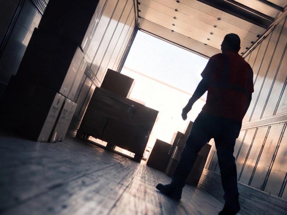 Silhouette of a warehouse worker walking through a trailer stacked with boxes during unloading