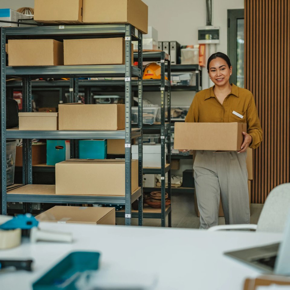 Warehouse worker carrying a carton past numbered shelving holding mixed client stock