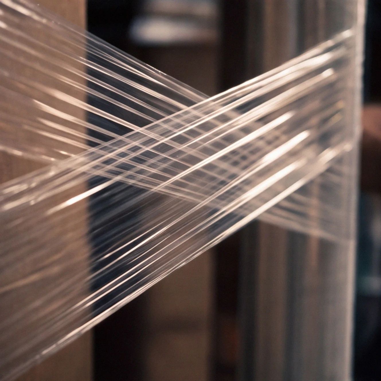 Close-up of clear stretch wrap crisscrossing a pallet during warehouse packaging
