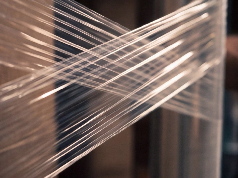 Close-up of clear stretch wrap crisscrossing a pallet during warehouse packaging