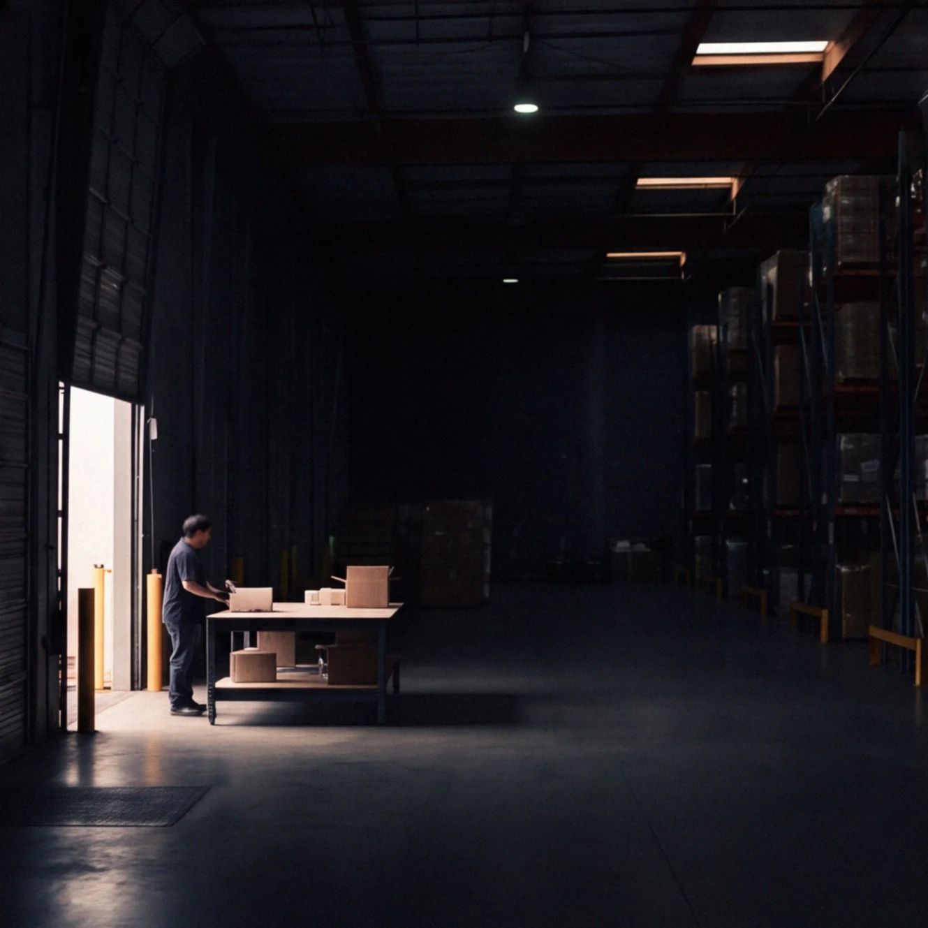 Worker at a packing table near an open dock door, warehouse racking visible in the background