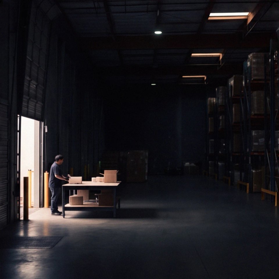 Worker at a packing table near an open dock door, warehouse racking visible in the background
