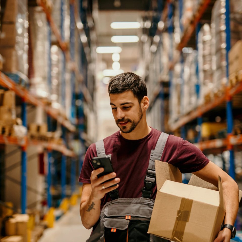 Warehouse worker checking his phone while carrying a carton through an aisle
